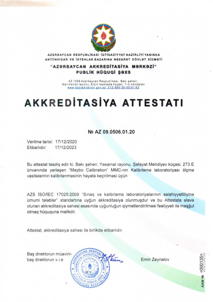 “Sınaq və kalibrləmə laboratoriyalarının səlahiyyətliliyinə ümumi tələblər” standartına uyğunluğun akkreditasiya attestatı Maybo Calibration MMC
