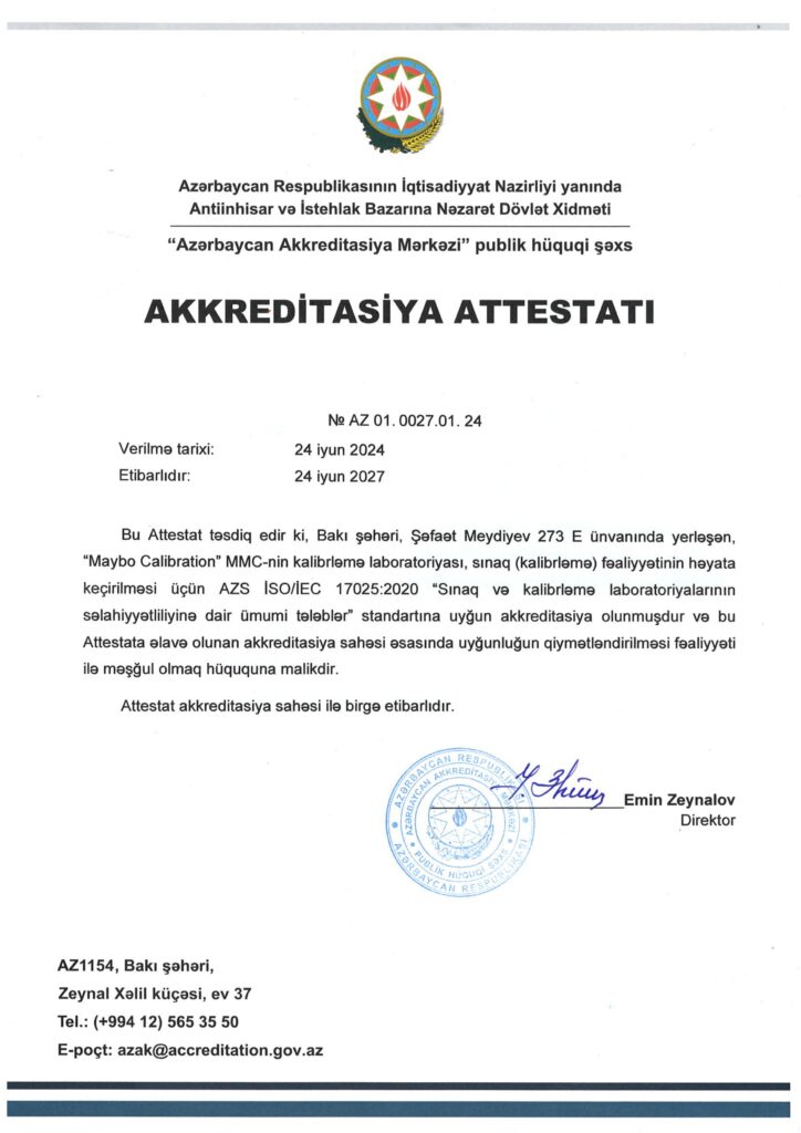 “Sınaq və kalibrləmə laboratoriyalarının səlahiyyətliliyinə ümumi tələblər” standartına uyğunluğun akkreditasiya attestatı Maybo Calibration MMC